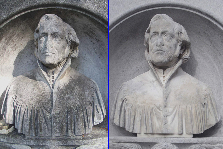 Friedhof Dreifaltigkeit II: Büste F. D. E. Schleiermacher vor und nach der Reinigung (© Juliane Bluhm)